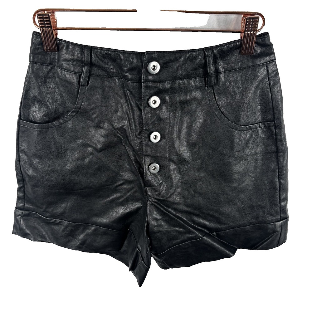 Tiger Mist Black Faux Leather Hight Waisted Button Fly Shorts